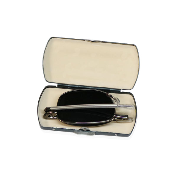Folding sunglasses with UV400 polarised lenses. Premium stainless steel metal foldable frames with compact travel case