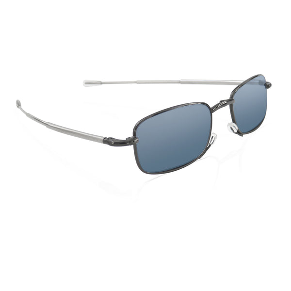 Folding sunglasses with grey UV400 polarised lenses. Premium stainless steel metal foldable frames with compact travel case