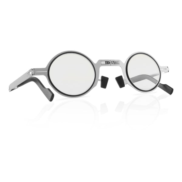 Blue light blocking foldable reading glasses stylish round stainless steel frames with compact case.