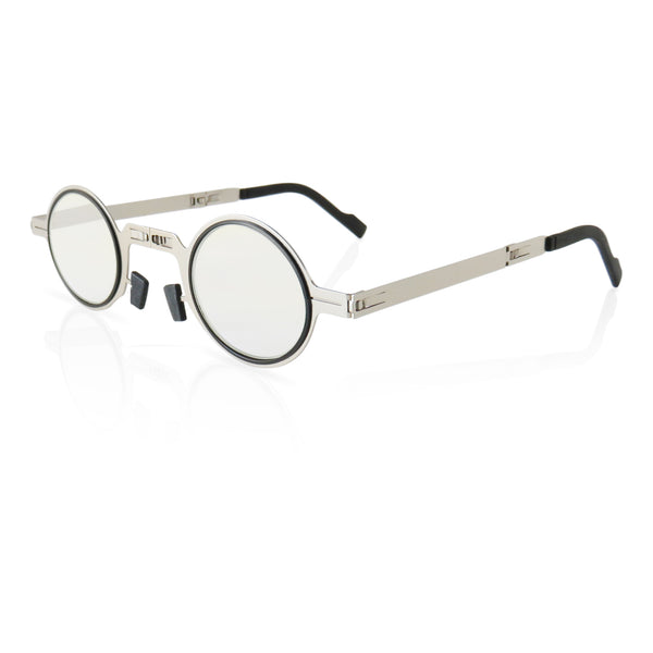 Round folding reading glasses with blue light blocking lenses with compact travel case.