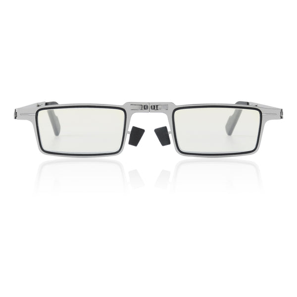 Blue light blocking folding reading glasses with mini case and stylish stainless steel rectangular frames.