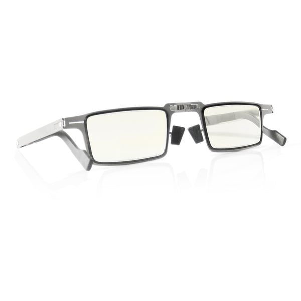 Blue light blocking folding reading glasses with mini case and stylish rectangular stainless steel frames.