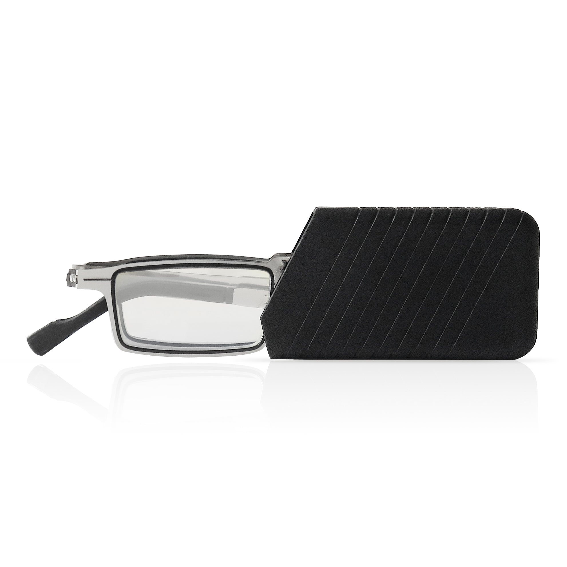 Blue light blocking folding reading glasses with mini case and stylish stainless steel frames.
