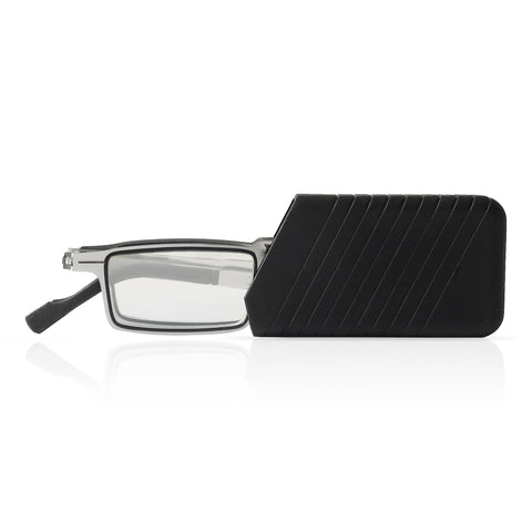 Blue light blocking folding reading glasses with mini case and stylish stainless steel frames.