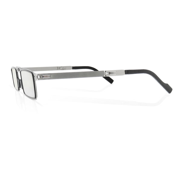 Blue light blocking folding reading glasses with mini case and stylish rectangular stainless steel frames.