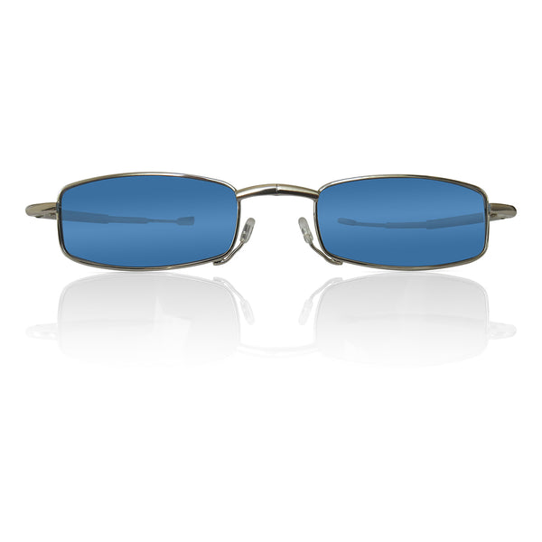  Folding sunglasses with blue, polarized lenses and pocket-sized case. Travel foldable sunglasses with compact case.