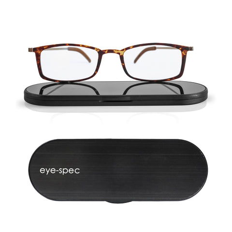 eyespec tortoiseshell reading glasses, slimline durable readers with thin, pocket case