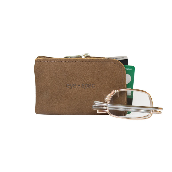 Gold frame foldable reading glasses with leather pouch