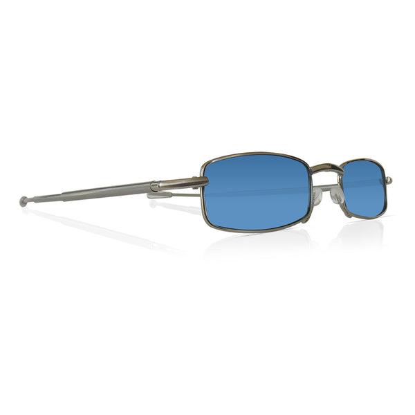 Compact Fold Up sunglasses with blue, polarized lenses and pocket-sized case. Lightweight travel sunglasses with compact case.